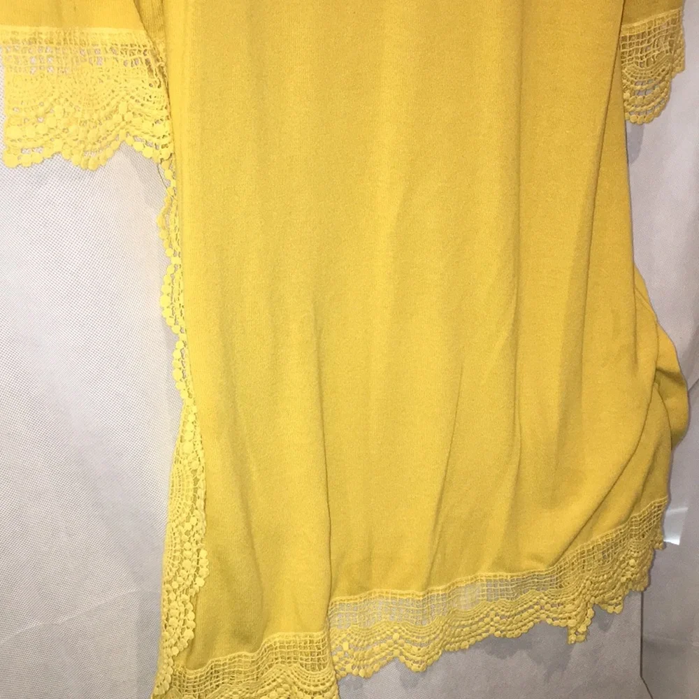 Tickled Teal Lace Trim Open Front Below The Knee Cardigan | Mustard Yellow | M
